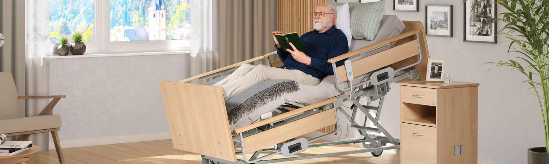 Resident relaxing in a wissner-bosserhoff profiling care bed in a homely room